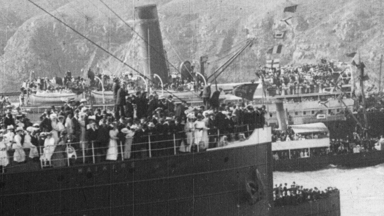 Departure of the British Antarctic Expedition from Lyttelton, New Zealand, 1st January, 1908. backdrop