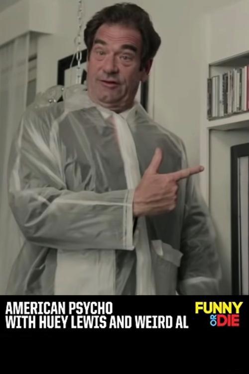 American Psycho with Huey Lewis and Weird Al backdrop