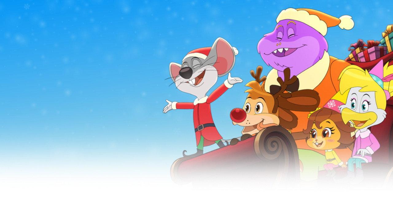 A Chuck E. Cheese Christmas backdrop